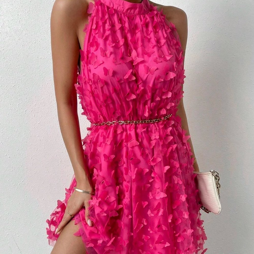 Pink Boho Womens Butterfly Appliques Mesh Overlay Halter Neck Dress - Picture 3 of 5